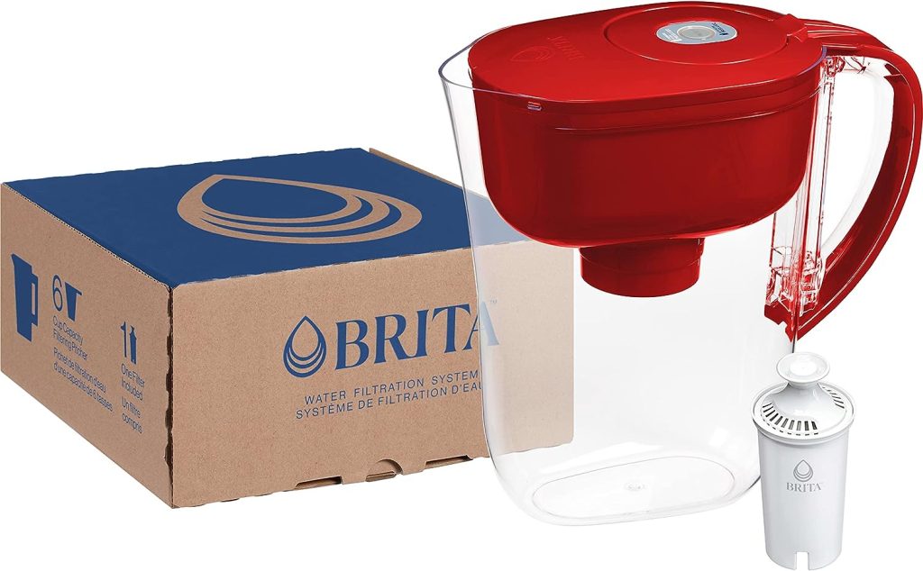 Brita Water Filter Pitcher for Tap and Drinking Water with 1 Standard Filter, Lasts 2 Months, 6-Cup Capacity, BPA Free, Red