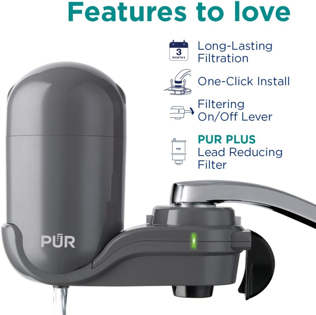 PUR PLUS Faucet Mount Water Filtration System, Gray – Vertical Faucet Mount for Crisp, Refreshing Water, FM2500V