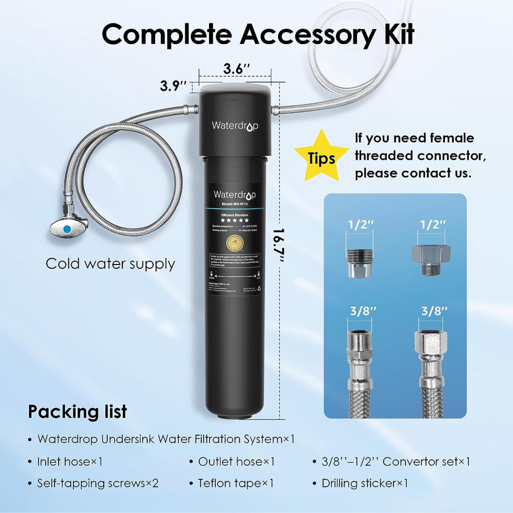 Waterdrop 15UA Under Sink Water Filter System, 2 Years Capacity, NSF/ANSI 42 Certified, Reduces PFAS, PFOA/PFOS, Lead, Chlorine, Odor, Under Counter Water Filter Direct Connect to Kitchen Faucet